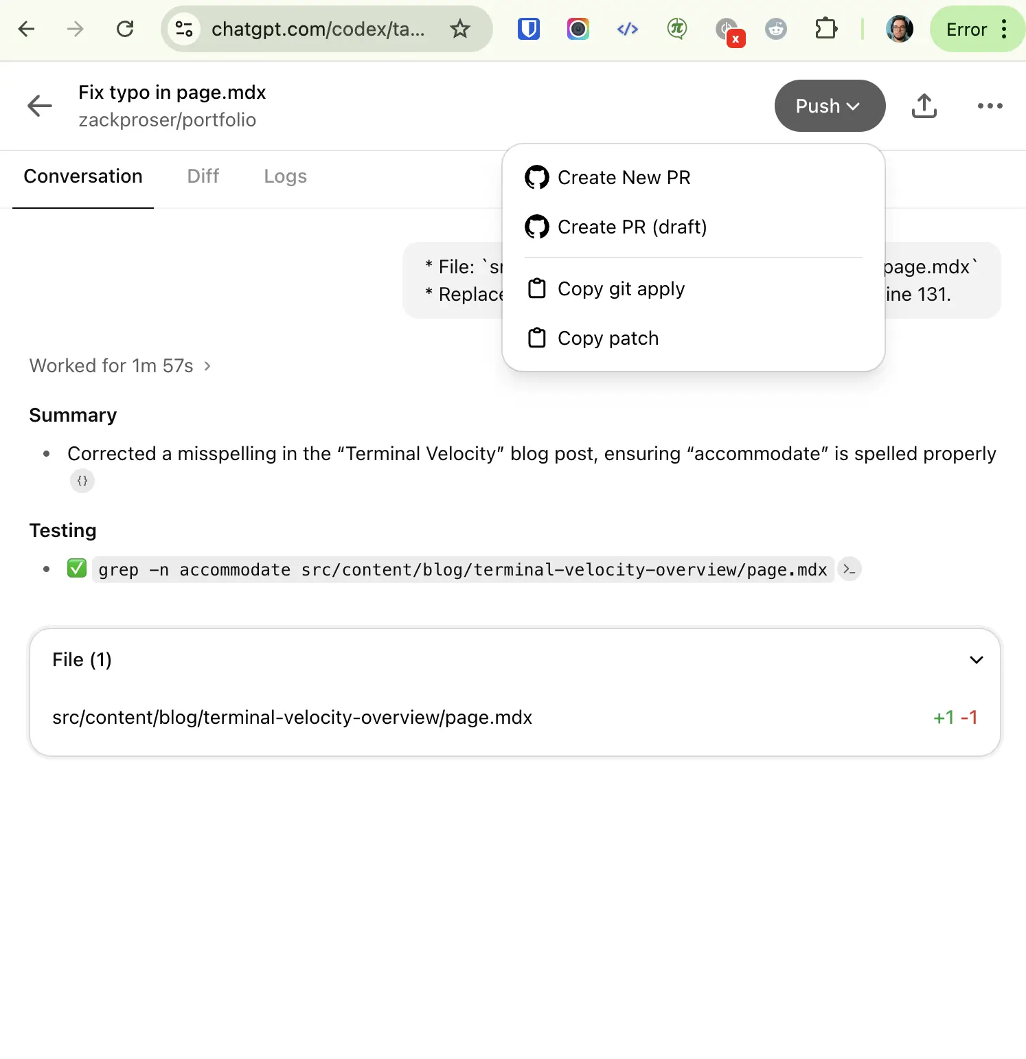 Once you're satisfied, Codex can open your PRs